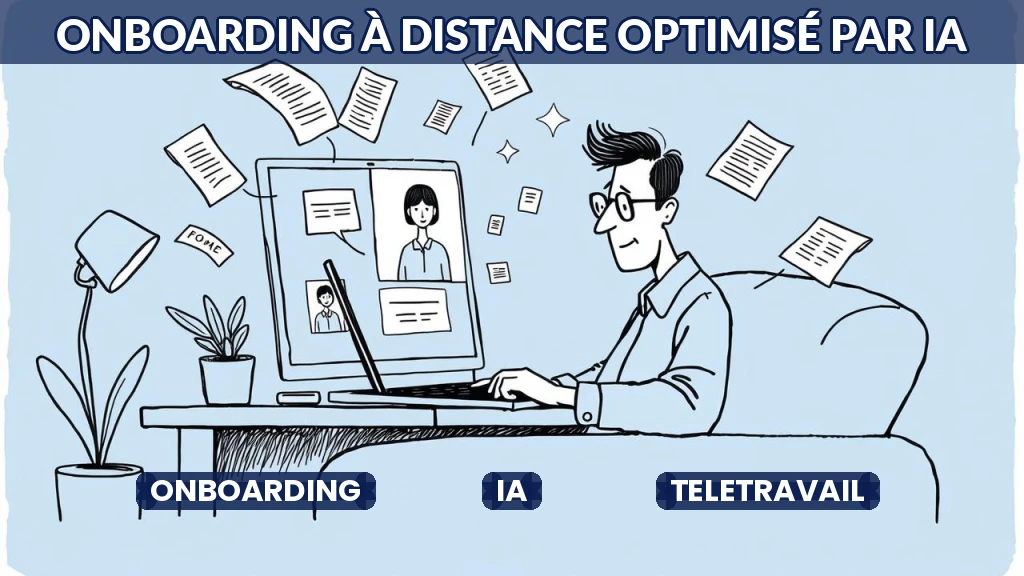 Illustration d'un nouvel employé connecté à distance avec des outils IA pour son onboarding.