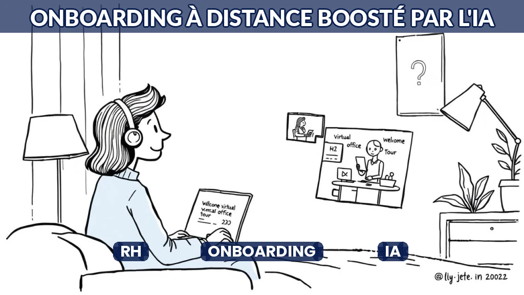 Illustration d'un nouveau collaborateur interagissant avec un assistant virtuel lors de son onboarding à distance.