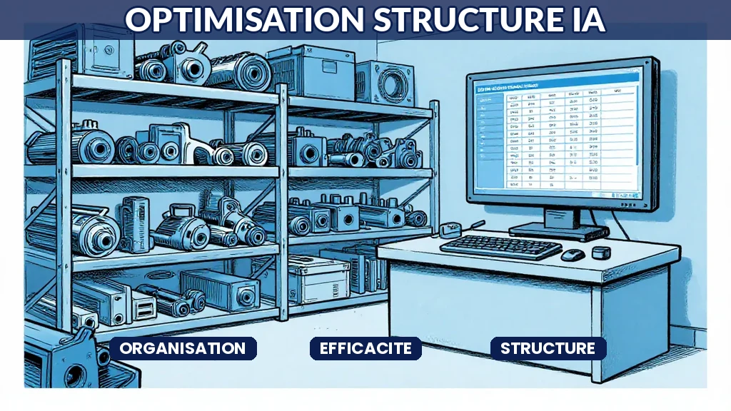 Modélisation IA de structure organisationnelle optimisée montrant les flux de collaboration entre départements