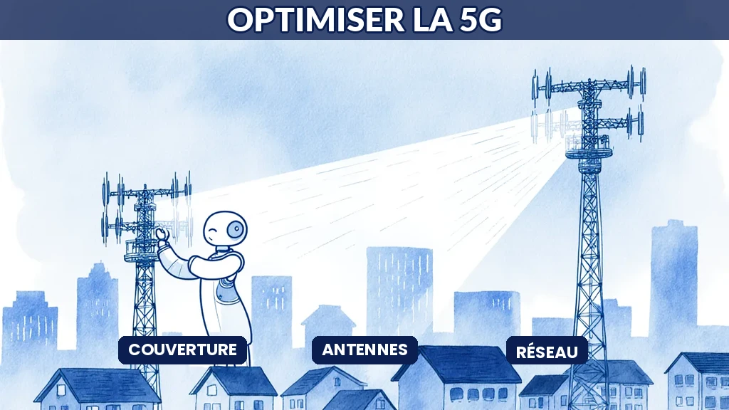 Illustration d'antennes 5G dont la couverture radio est optimisée par une intelligence artificielle ajustant les faisceaux en temps réel