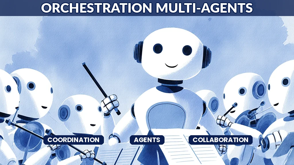Illustration de plusieurs agents d'intelligence artificielle coordonnés par un chef d'orchestre pour accomplir ensemble une tâche complexe