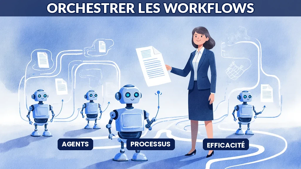 Illustration de dirigeants orchestrant des agents d'intelligence artificielle pour automatiser un workflow complexe de bout en bout