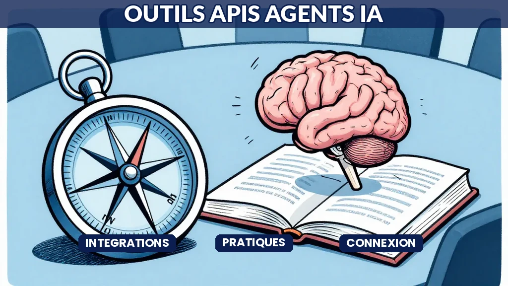 Diagramme dun agent IA connecté à plusieurs APIs et outils métier par des flux de données bidirectionnels