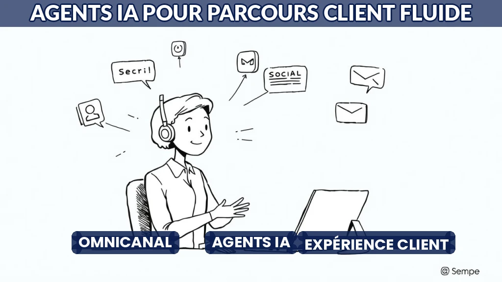 Illustration d'un agent IA guidant un client à travers différents canaux de communication.