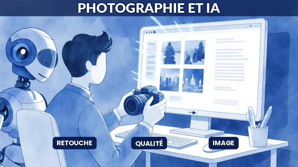 Illustration d'un photographe retouchant des images sur un écran assisté par une intelligence artificielle qui améliore automatiquement la qualité