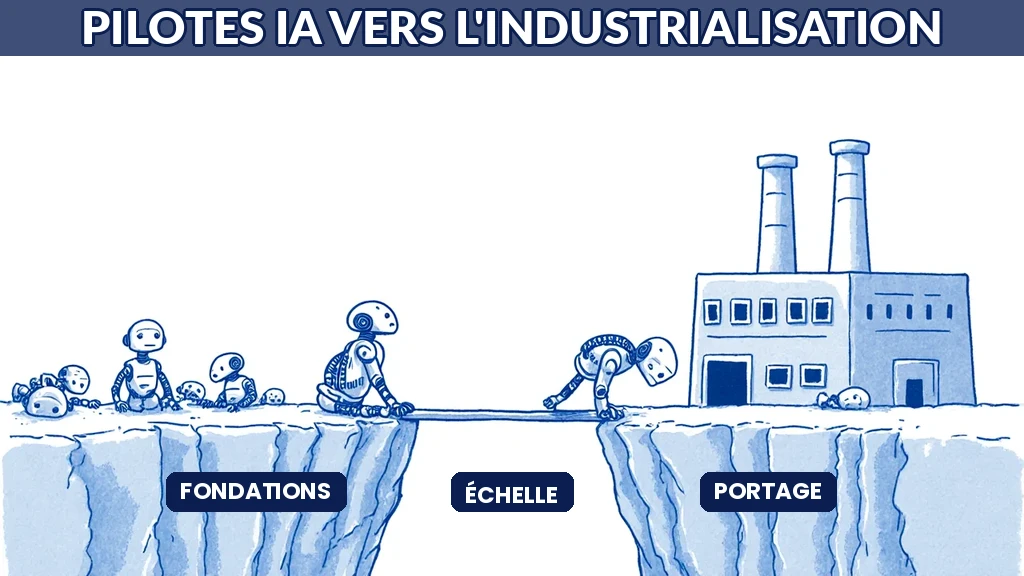 Illustration d'un pilote IA peinant à franchir le passage vers la production industrielle