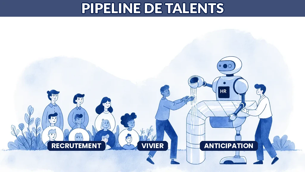 Illustration d'une équipe RH construisant un pipeline continu de talents alimenté et enrichi par l'intelligence artificielle