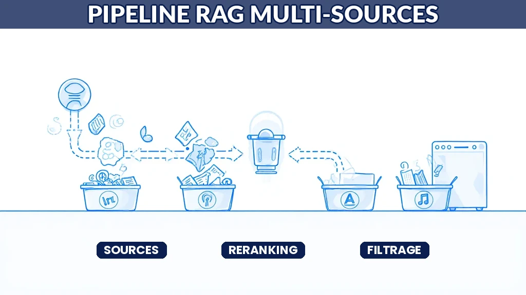 Illustration d'un pipeline RAG multi-sources avec reranking et filtrage intelligent