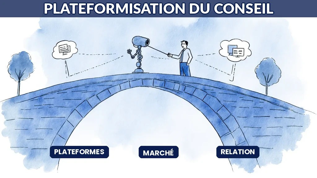 Illustration d'une plateforme connectant des consultants en IA à des clients, transformant le marché du conseil