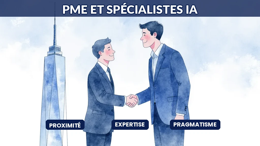 Illustration d'un dirigeant de PME choisissant un consultant IA spécialisé plutôt qu'un grand cabinet pour son projet