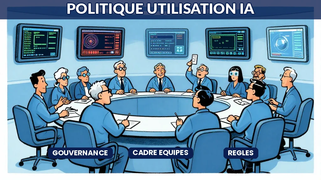 Document de politique de gouvernance IA posé sur un bureau avec des icônes représentant les règles et responsabilités des équipes