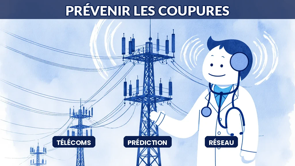 Illustration d'un réseau de télécommunications surveillé par une intelligence artificielle qui anticipe et prévient les coupures de service