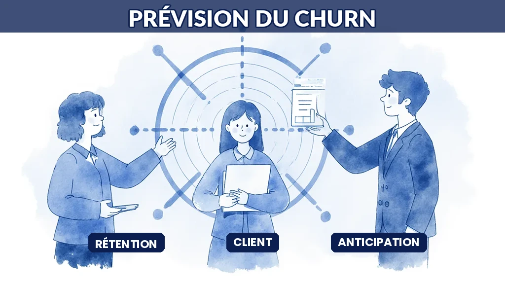 Illustration d'une équipe relation client utilisant l'IA pour repérer les clients sur le point de partir et agir avant leur départ