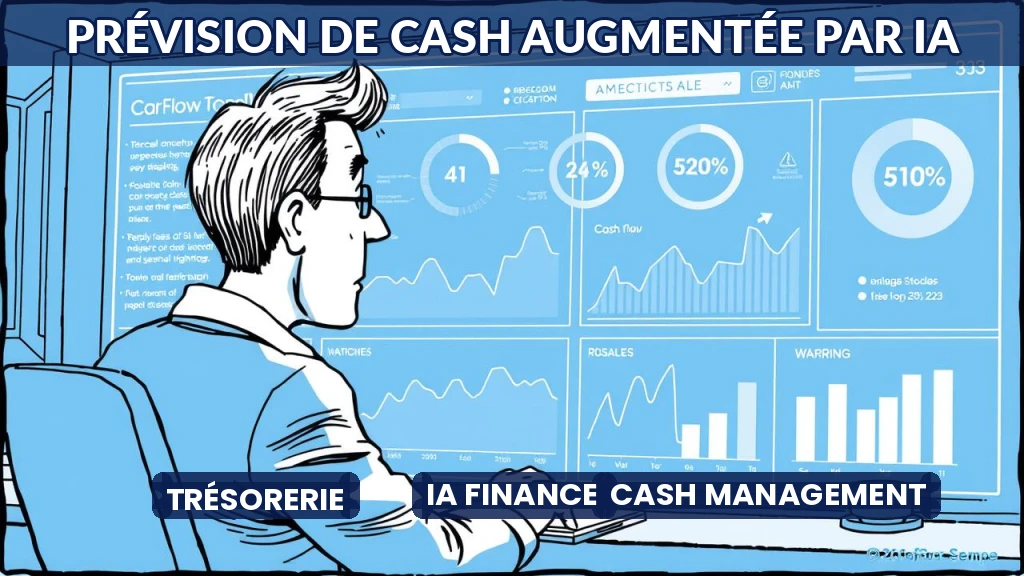 Illustration d'un tableau de bord financier avec prévisions de trésorerie assistées par IA.
