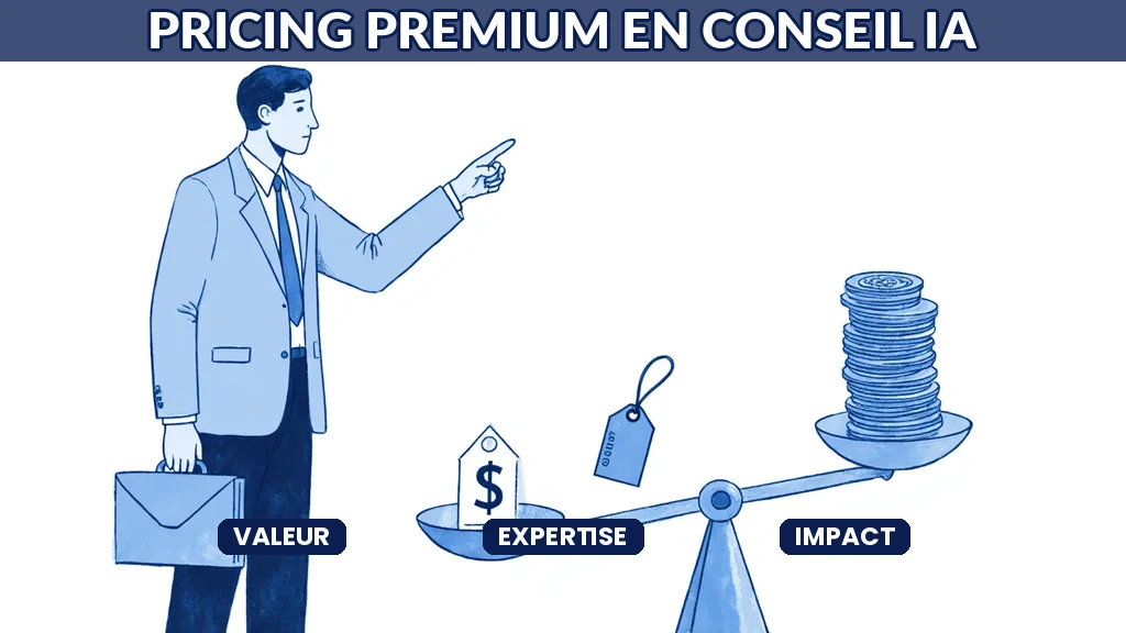 Illustration d'un consultant en IA justifiant un pricing premium par la valeur apportée
