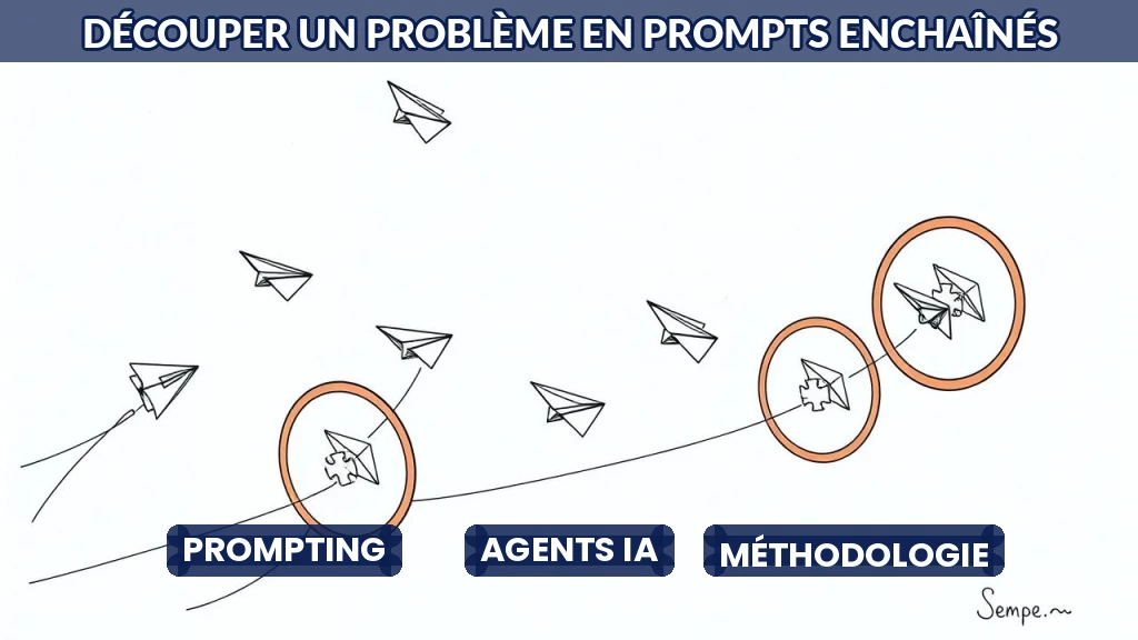 Enchaînement de flèches reliant des blocs de texte symbolisant des sous-prompts.