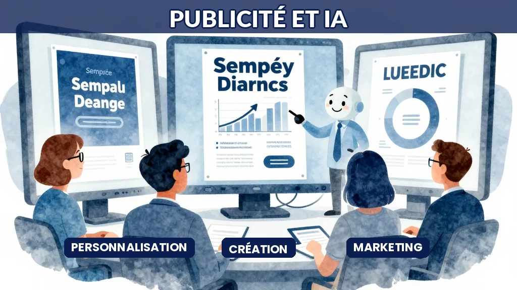 Illustration d'une équipe marketing concevant des publicités personnalisées assistée par une intelligence artificielle générant des variations créatives