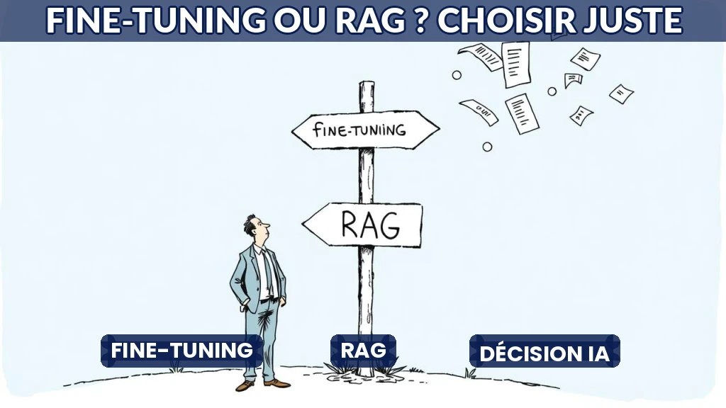 Arbre de décision stylisé entre fine-tuning et RAG pour l'IA en entreprise.