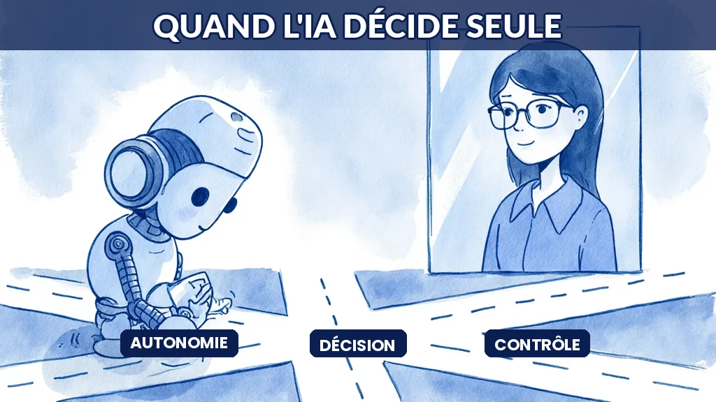 Illustration d'un agent d'intelligence artificielle prenant seul une décision sous le regard attentif d'un superviseur humain