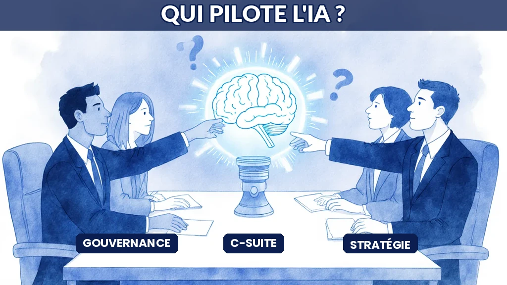 Illustration de plusieurs dirigeants débattant de qui pilote la stratégie d'intelligence artificielle au sein de la direction de l'entreprise