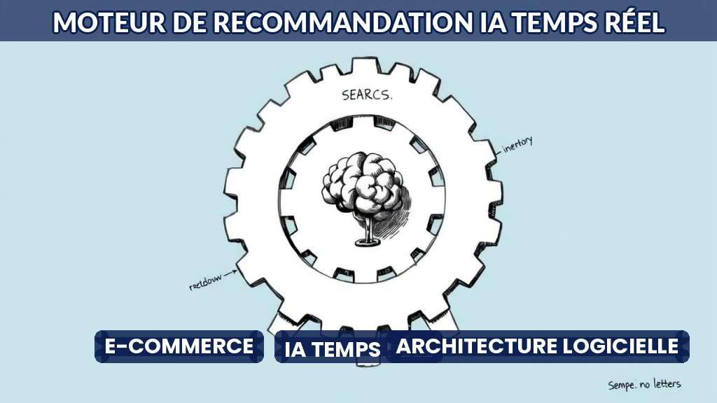 Illustration d'un moteur d'engrenages stylisé représentant un système de recommandation IA en temps réel.