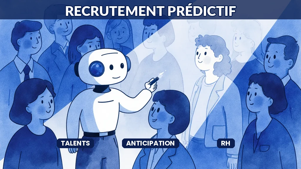 Illustration d'une équipe de recrutement utilisant l'IA prédictive pour repérer les meilleurs talents avant les entreprises concurrentes