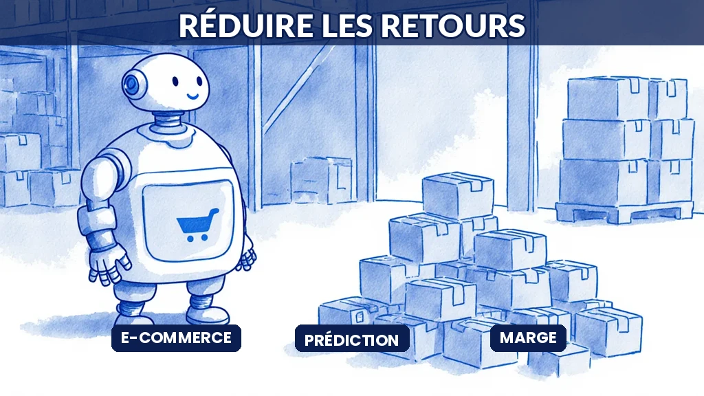 Illustration d'un entrepôt de commerce en ligne où une intelligence artificielle analyse et réduit le flux des colis retournés