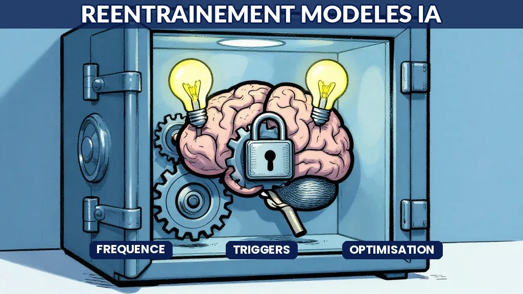Diagramme décisionnel de réentraînement IA montrant les triggers de performance, de dérive et de calendrier avec seuils de déclenchement