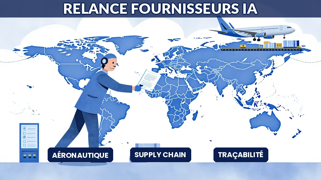 Illustration d'un agent d'intelligence artificielle gérant la relance des fournisseurs dans un environnement industriel aéronautique exigeant