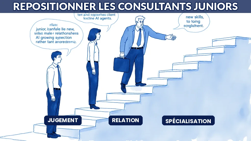 Illustration d'un cabinet repositionnant ses consultants juniors face aux agents IA