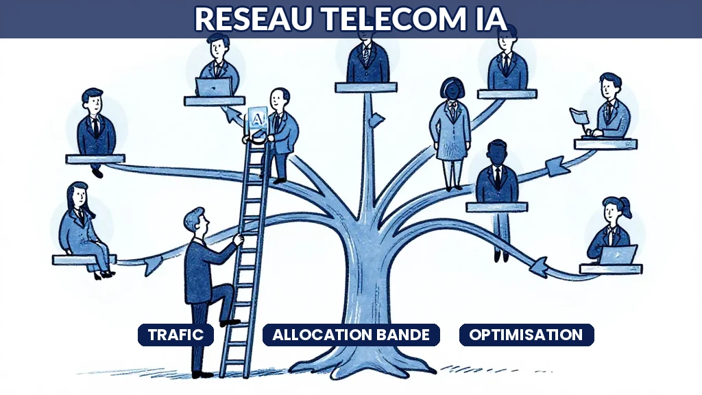 Visualisation dun réseau de télécommunications avec des flux de données colorés montrant lallocation dynamique de bande passante en temps réel.