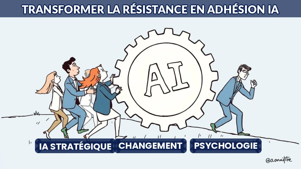 Illustration d'une équipe surmontant un obstacle symbolisant la résistance au changement IA.