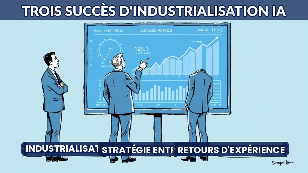 Trois dirigeants discutant autour d'un écran montrant des données d'IA industrialisée.