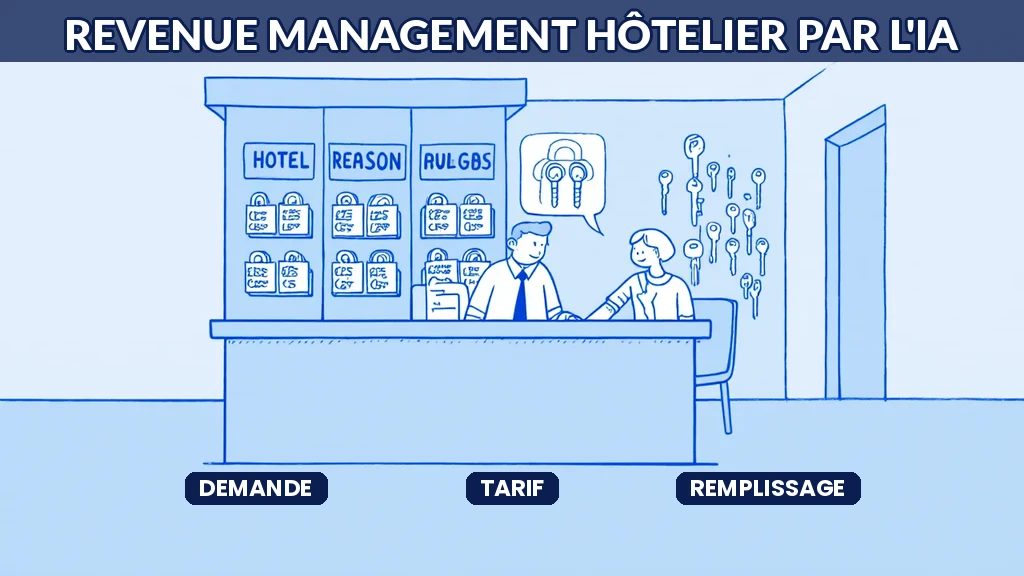 Illustration d'un hôtelier optimisant ses réservations et tarifs grâce à l'IA