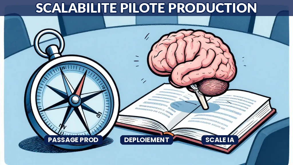 Schéma de progression montrant le passage dun projet pilote IA vers un déploiement en production à grande échelle dans une entreprise