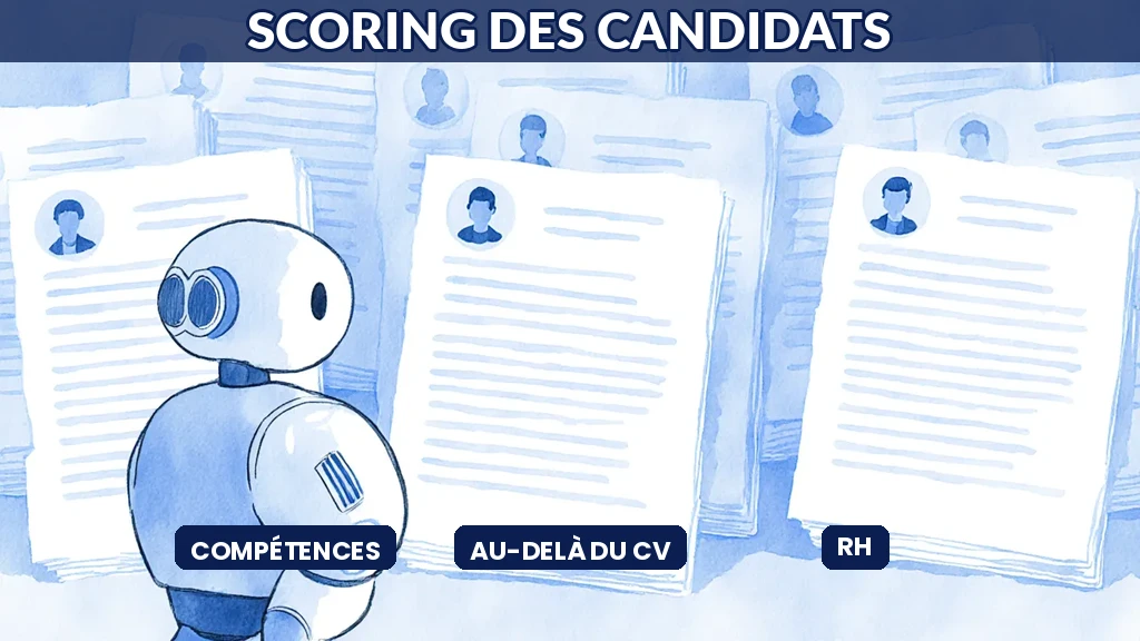 Illustration d'une intelligence artificielle évaluant des candidats sur leurs compétences réelles au-delà du simple curriculum vitae