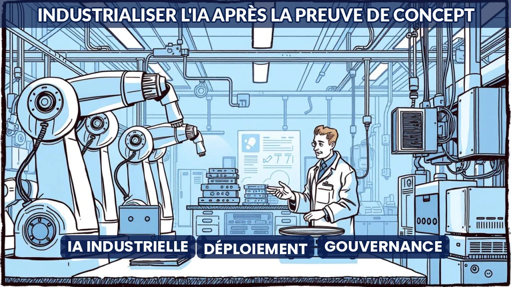 Illustration d'une usine moderne intégrant des flux de données et des algorithmes d'IA.