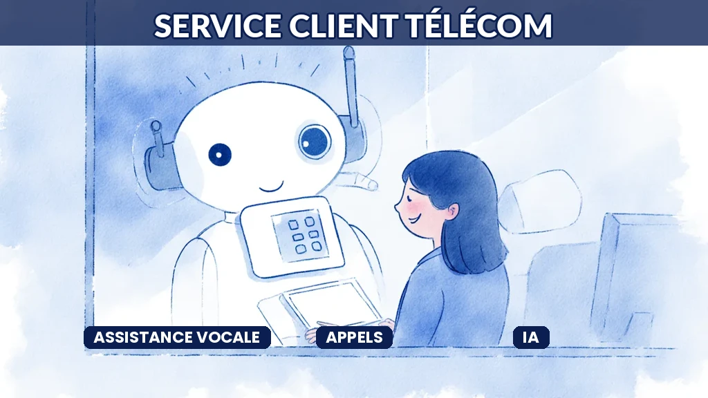 Illustration d'un centre de service client télécom où l'IA assiste le traitement intelligent des appels et l'assistance vocale
