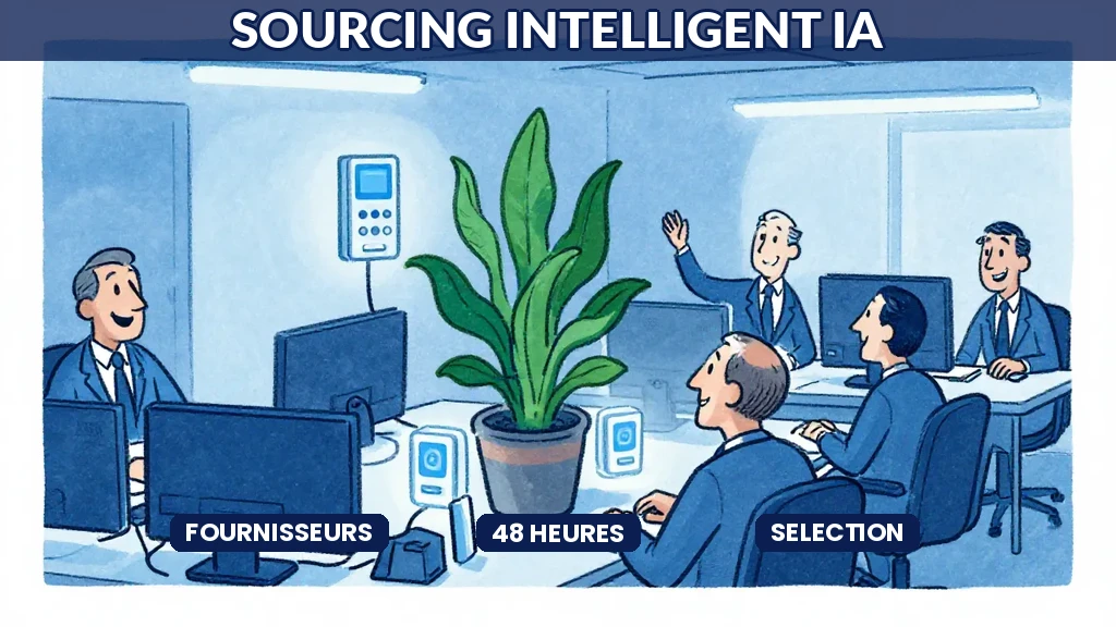 Interface de sourcing intelligent montrant un tableau de bord IA avec scoring fournisseurs et cartographie des risques supply chain