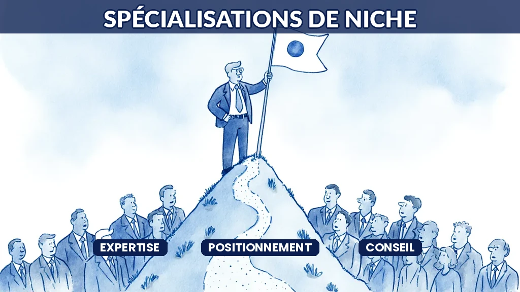 Illustration d'un consultant en IA choisissant une spécialisation de niche qui valorise son expertise sur un marché concurrentiel