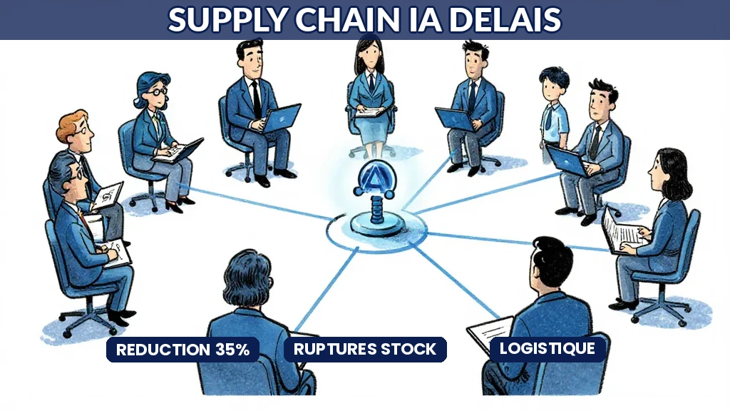 Tableau de bord supply chain montrant la réduction des délais de livraison et la prévention des ruptures de stock par intelligence artificielle