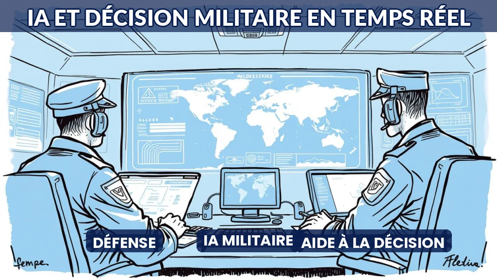 Illustration d'un centre de commandement militaire utilisant des interfaces d'IA pour analyser des données stratégiques.