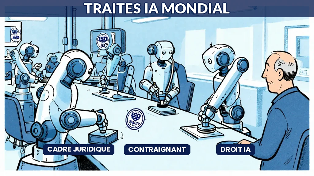 Représentation des négociations internationales pour établir un cadre juridique contraignant sur lintelligence artificielle
