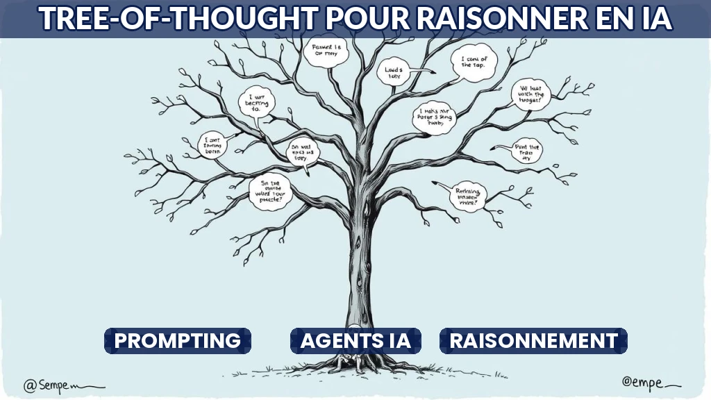 Illustration d'un arbre avec des branches représentant des pistes de raisonnement en IA.