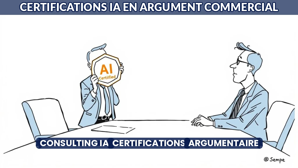 Illustration d'un consultant présentant une certification IA à un dirigeant d'entreprise.