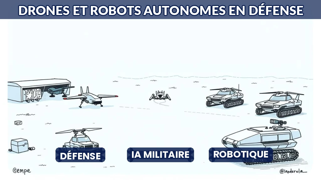 Illustration de véhicules militaires autonomes en opération nocturne.