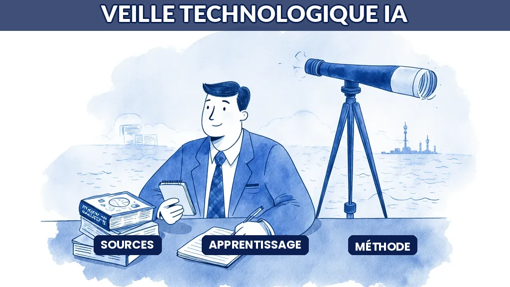 Illustration d'un consultant en IA organisant sa veille technologique avec des sources sélectionnées et un apprentissage régulier