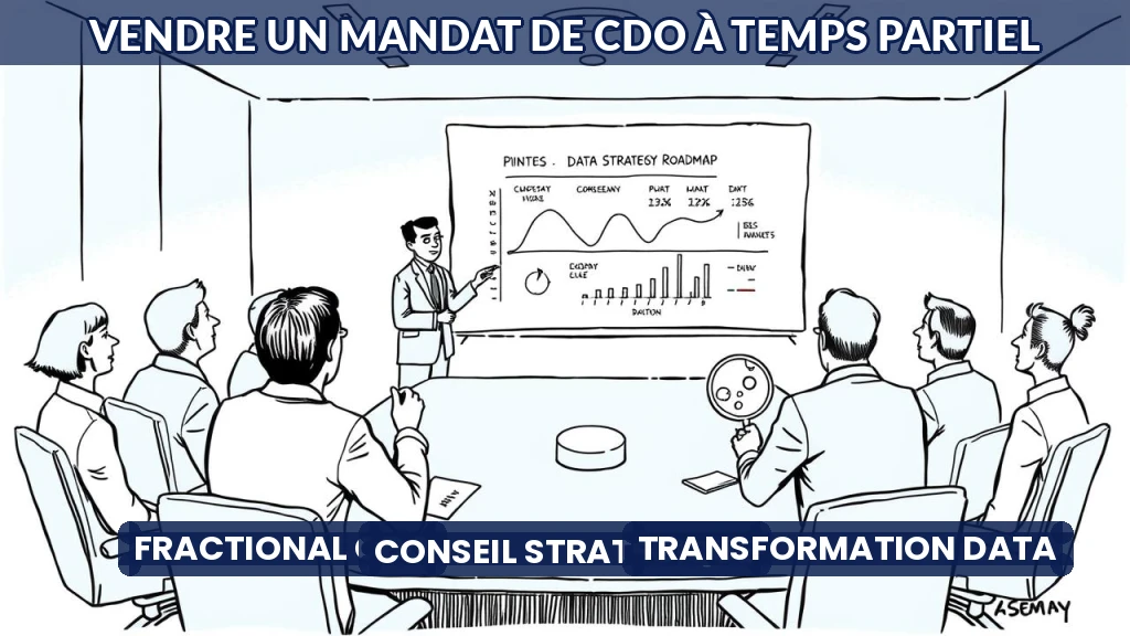 Illustration d'un consultant présentant un projet à un comité de direction autour d'une table.