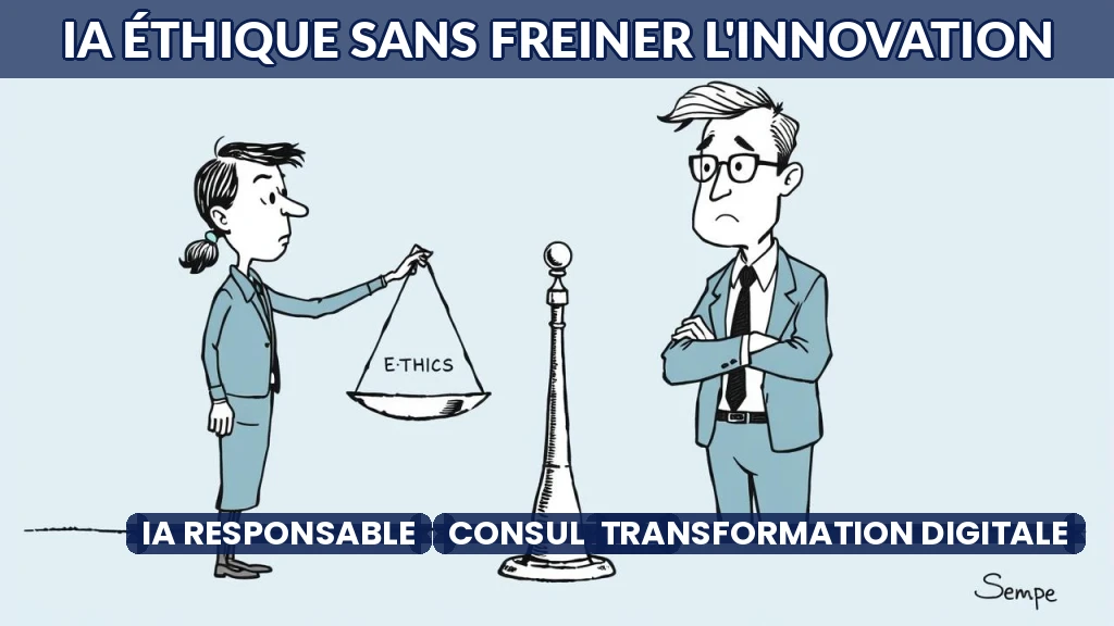 Illustration d'un consultant guidant une entreprise vers une IA responsable, symbolisée par une balance équilibrée.