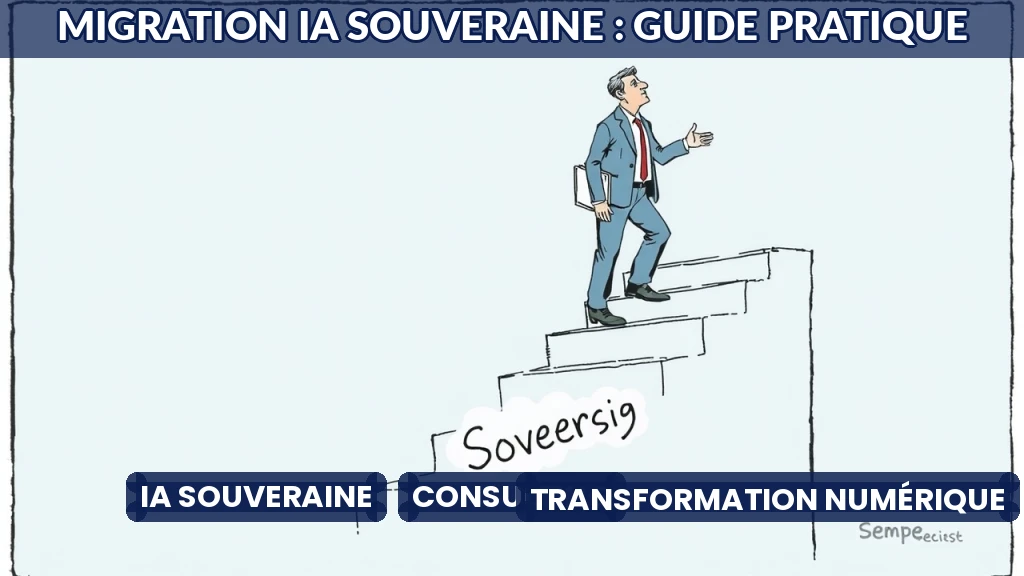 Illustration d'un consultant guidant une entreprise vers un nuage sécurisé, symbolisant la migration vers l'IA souveraine.